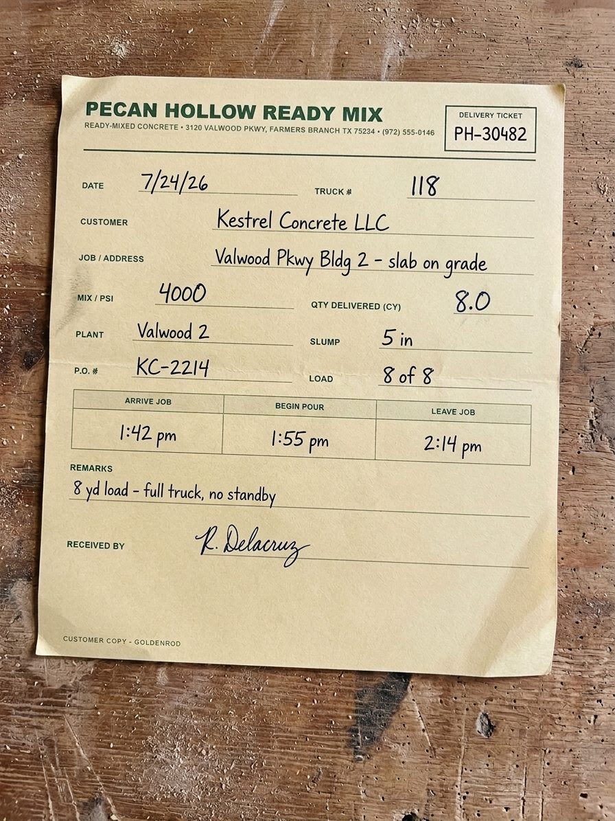 Photograph of a signed ready-mix delivery ticket lying on a wooden bench. It is ticket PH-30482 from the fictional supplier Pecan Hollow Ready Mix, dated 7/24/26, truck 118, for Kestrel Concrete LLC. An orange highlight box marks the quantity delivered field, which is filled in by hand as 8.0 cubic yards.